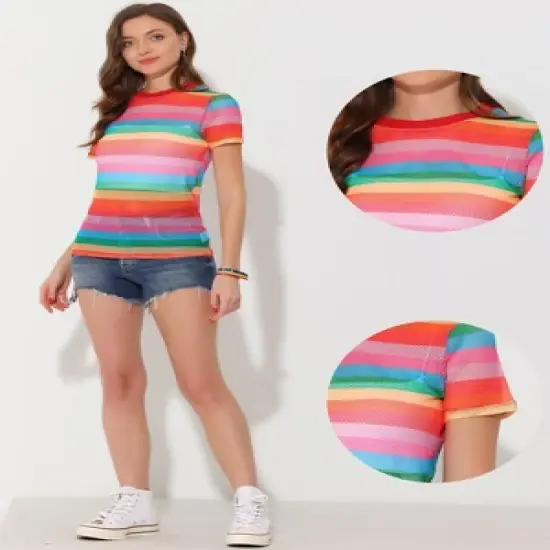 Allegra K Women's Rainbow Blouse Short Sleeve Mesh Sheer Stripe T-Shirt image {1}