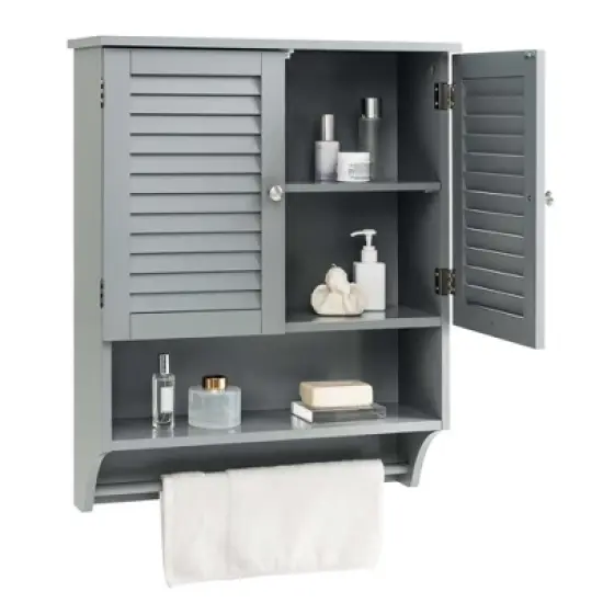 Costway Bathroom Wall Mounted Medicine Cabinet with Louvered Doors & Towel Bar Espresso/Grey/White image {11}
