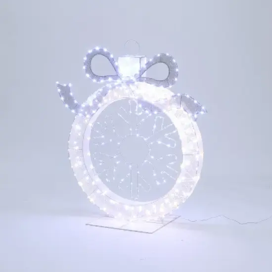 LuxenHome 3Ft Lighted Ornament & Snowflake Wreath, Silver & White Outdoor Christmas Decoration image {2}