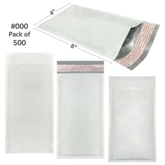 UOFFICE Pack of 500 Poly Bubble Mailer Bags Padded 4x8" - #000 with Self-Sealing Closure image {1}