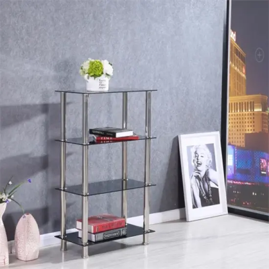 Better Home Products Jane Decorative Glass 4 Tier Shelves Bookcase Silver Chrome image {5}