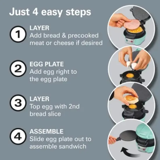 Hamilton Beach Sandwich Mint 25482: Nonstick Breakfast & Egg Sandwich Maker, Dishwasher-Safe Parts, 600W Griddle image {7}