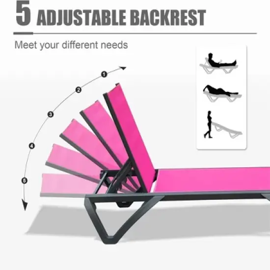 FURNIinspire Patio Chaise Lounges Patio 2 Sunbathing Chairs with 5 Adjustable Position, 1 Table for Beach Yard Poolside, Pink, 64.41"*26.69"*27.56" image {2}