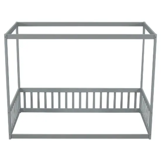 Okak Twin/Full Size Bed Frame with Canopy-Style Top & Guardrails,Modern Floor Bed for Toddlers/Kids Bedroom image {1}