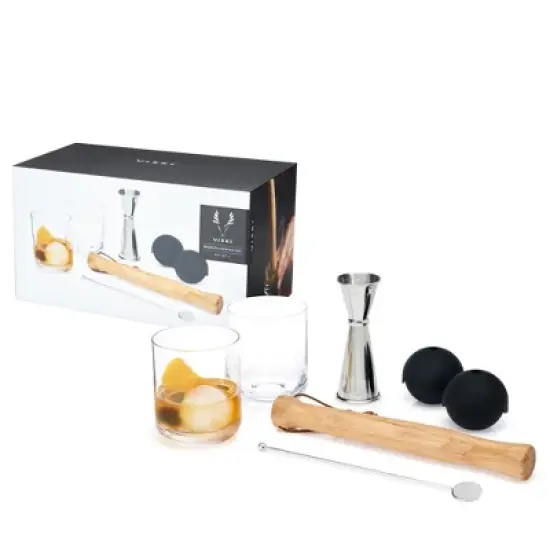 Viski Muddled Cocktail Barware Tool Set, 2 lead-free Crystal Tumblers, 2 Ice Molds, Double Jigger, Wooden Muddler, Stir Stick 7-Piece set, Multicolor image {7}
