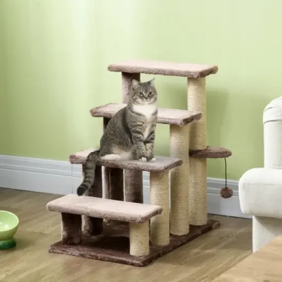 PawHut 4 Levels Cat Steps, Pet Stairs Carpeted Ladder, Kitten Tree Climber with Scratching Posts, Hanging Play Ball, Side Step, Brown image {1}
