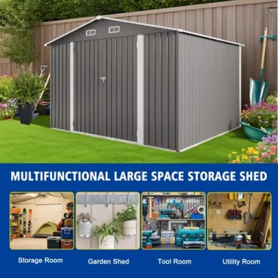 10 x 8 FT Outdoor Storage Shed,Lockable Door and Air Vent, Clear Window Garden Tool Shed for Bicycles,Backyards, Patios, Lawns,Gray image {9}
