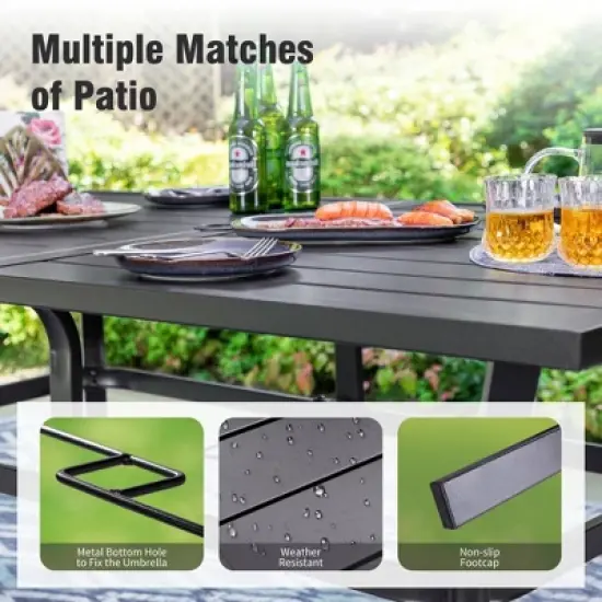 Captiva Desighttps 8pc Patio Dining Slat-top Rectangular Steel Table & Padded Sling Swivel Chairs & Market Umbrella image {3}