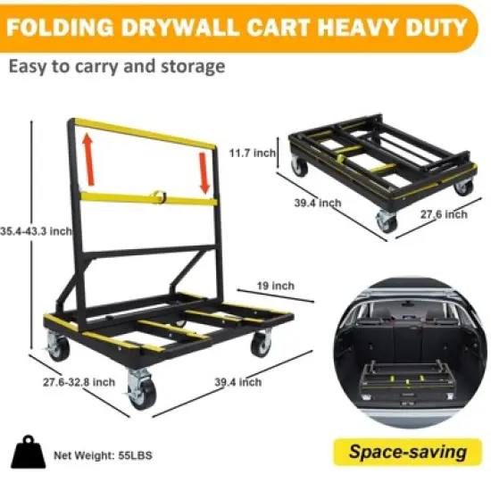 Folding Drywall Cart, Heavy Duty 2200 Lbs Panel Dolly with Extended Deck, Adjustable Casters, Sheetrock Handling Truck image {1}
