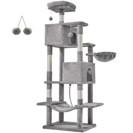 JIONJOY 66" Multi-Level Cat Tree - 2 Large Condos, Sisal Scratching Posts & Hammock, Stable Indoor Cat Tower-Light Grey image {8}