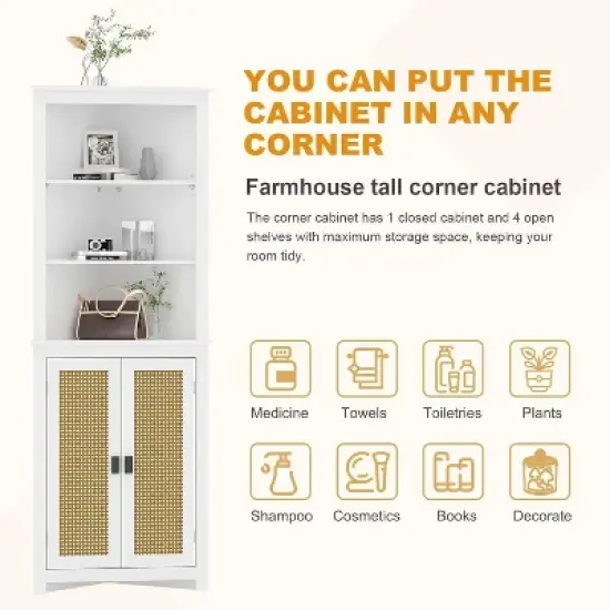 Rattan Corner Wine Cabinet with Adjustable Shelves - Farmhouse Freestanding Storage for Kitchen, Living Room image {5}