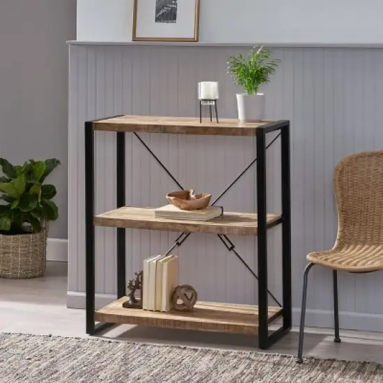 Brinkley Modern Industrial Handcrafted 3 Shelf Mango Wood Shelving Unit Natural/Black - Christopher Knight Home image {1}