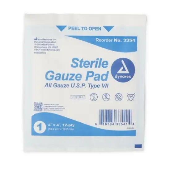 Dynarex Sterile Gauze Pads, Absorbent, 4 in x 4 in, 100 per Pack, 12 Packs, 1200 Total image {2}