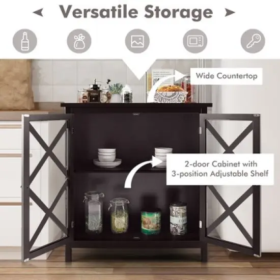 Costway Kitchen Buffet Sideboard Storage Cabinet w/Glass Doors & Adjustable Shelf White\Brown image {5}
