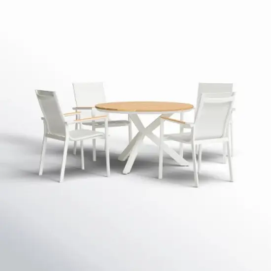 Round Planked Wood Top Outdoor Dining Set 4Piece Textured Mesh Chair Patio Furniture image {8}