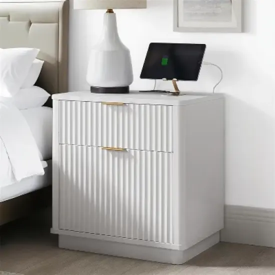 SinCiDo 23" Fluted Nightstand w/Charging Station, 2 Drawer Mid Century Modern End Table w/Storage for Bedroom & Living Room image {11}