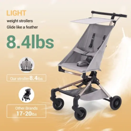 Lightweight Baby Stroller, Compact Travel Stroller with Easy One-Hand Fold, Adjustable Canopy, Storage Basket & All-Terrain Wheels, Light Grey image {6}