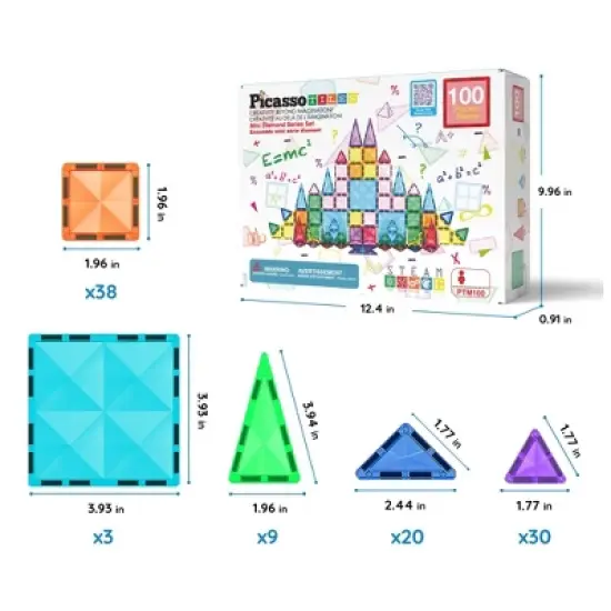 PICASSO-TILES Magnetic Tiles For Kids, 100PCS Construction STEM Building Blocks Educational Toy, Travel Size image {6}