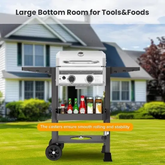 ZAFRO 2-Burner Propane Gas BBQ Grill, 16000 BTU Stainless Steel Barbecue with Cast Iron Grates Side Storage Shelves, Top Lid image {6}