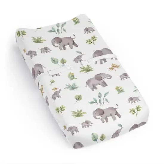 Sweet Jojo Designs Gender Neutral Unisex Changing Pad Sheet Watercolor Elephants Grey Green and Blue image {6}
