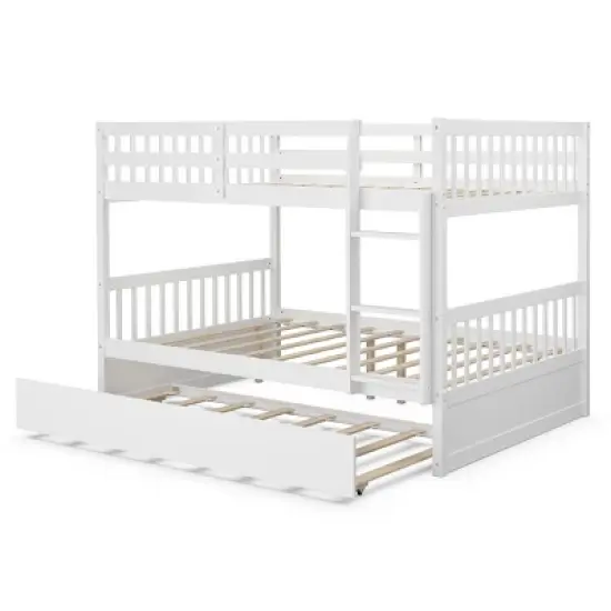 Costway Full over Full Bunk Bed Platform Wood Bed w/ Trundle & Ladder Rail Brown/White image {9}