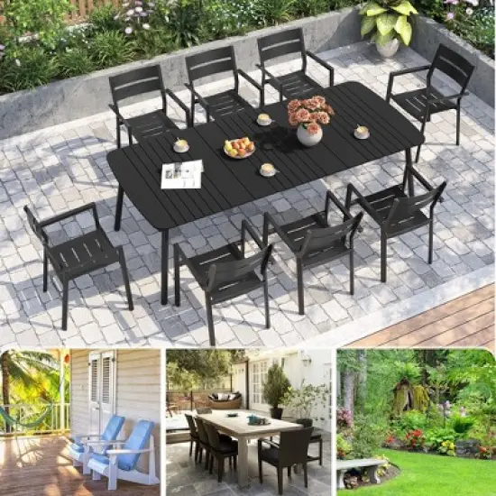 Crestlive Products Outdoor Dining Table for 4-6 People Patio Rectangle Table, Aluminum Frame with Durable Wood-Like Tabletop and Umbrella Hole image {8}