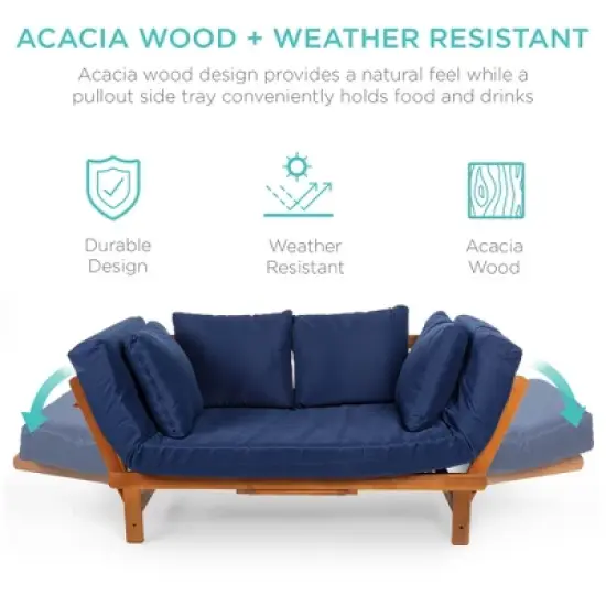 Best Choice Products Outdoor Convertible Acacia Wood Futon Sofa w/ Pullout Tray, 4 Pillows, All-Weather Cushion - Navy image {2}