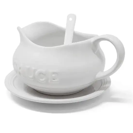 KOVOT 24 Oz Gravy Boat, Tray and Ladle Set - Perfect for Gravies, Sauces, and Dressings - White Elegant Ceramic with The Word "Sauce" On It image {2}