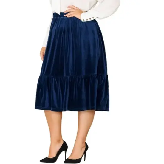 Agnes Orinda Women's Plus Size Velvet Elastic Waist Ruffle Hem Party Midi Skirt image {1}