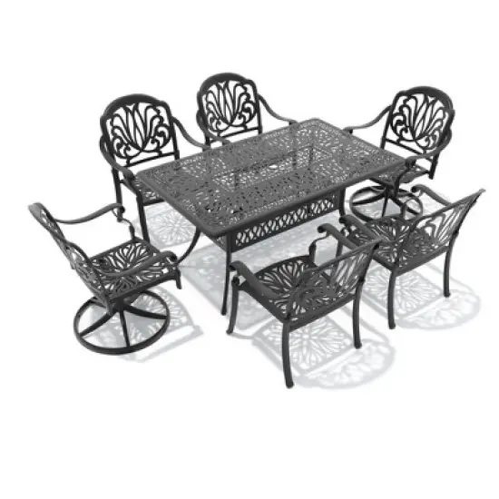 6-Person Cast Aluminum Patio Dining Set with Rectangle Table, 2 swivel chairs and 4 fixed dining chairs, Brown Cushions and Umbrella Hole image {4}