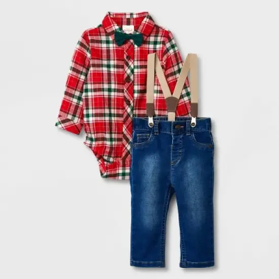 Baby Boys' Holiday Plaid Suspender Top & Bottom Set - Cat & Jack&trade; Red image {5}