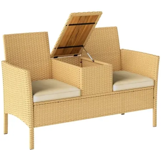 Outsunny Rattan Patio Loveseat with Built-in Flip-Top Coffee Table, Outdoor Wicker Sofa with Cushions for Balcony, Garden, Lawn, Backyard, Khaki image {6}