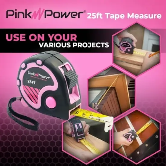 Pink Power 25ft Pink Tape Measure - Measuring Tape for Women's Tool Kit with Retractable Blade and Lock Button - Girls Lightweight Measurement Tool image {2}