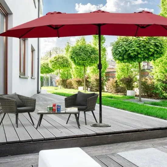 Tangkula 15 ft Outdoor Patio Umbrella Double-Sided Shade Offset Wine Red image {3}
