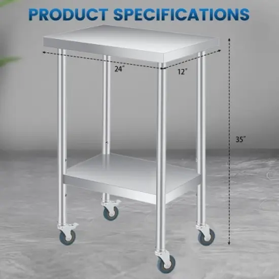 Stainless Steel Table with Wheels - Metal Work Table with Adjustable Undershelf, 2 Tiers Utility Tables Food Prep Worktable Rolling Cart image {2}