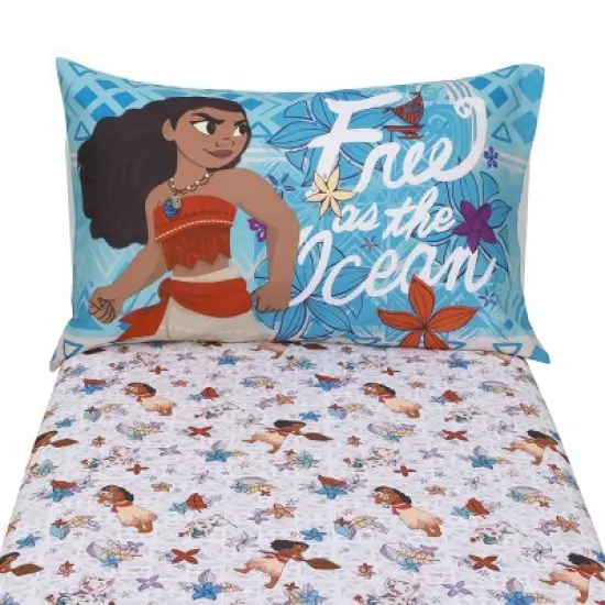Disney Moana Free as the Ocean Aqua, Purple, Orange, and White Tropical 2 Piece Toddler Sheet Set - Fitted Bottom Sheet and Reversible Pillowcase image {3}