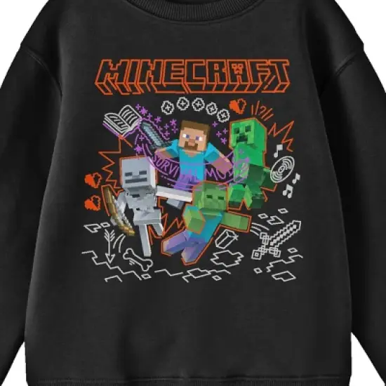 Minecraft Steve and Mobs with Doodle Background Youth Black Crew Neck Sweatshirt image {1}