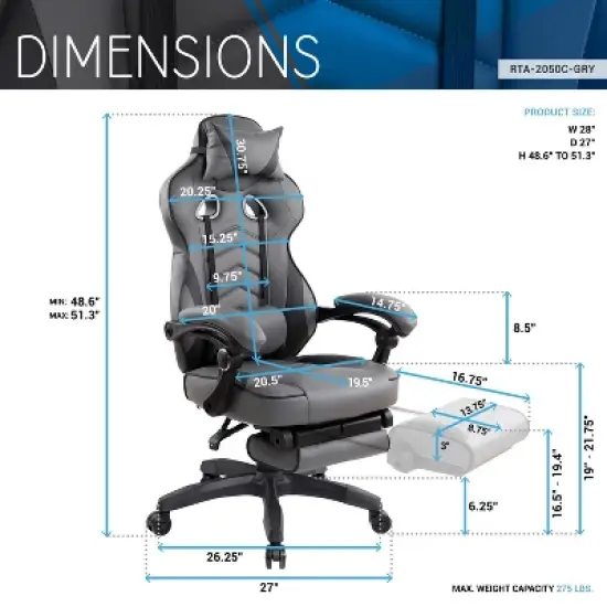 Ridstar Electro Racing Style Fully Reclining Office Chair with Footrest-Grey image {5}