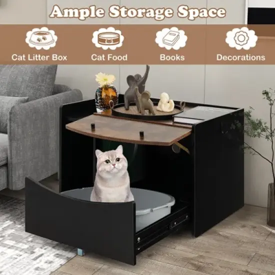 Tangkula Cat Litter Box Enclosure w/ Pull-out Drawer Flip Door Rolling Caster Indoor Black image {3}