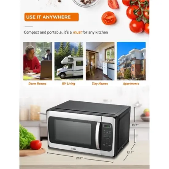 COMMERCIAL CHEF 1.1 Cu Ft Microwave with 10 Power Levels, Push Button Door Lock, Turntable and Digital Controls, Stainless Steel image {2}