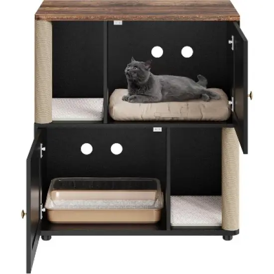 Acekool Double Layer Cat Litter Box Enclosure for 2 Cats, Hidden Litter Box Furniture with Scratching Post, 2-Story Cat Washroom & Bed, End Table image {8}