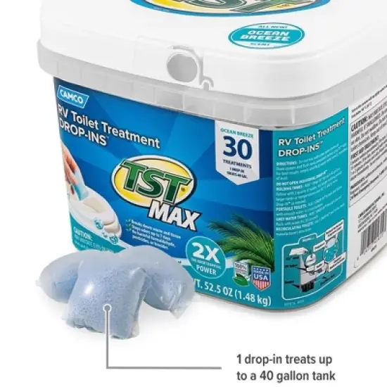Camco TST MAX 30 Drop-Ins Ultra Concentrated Toilet Waste Odor Treatment for RV and Marine Boat Holding Tanks, Fresh Ocean Breeze Scent image {4}