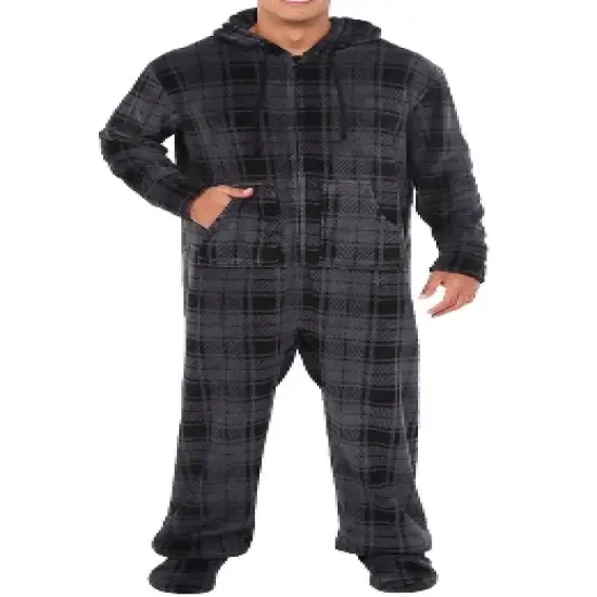 Men's Warm Fleece One Piece Hooded Footed Zipper Pajamas Set, Soft Adult Onesie Footie with Hood for Winter image {6}