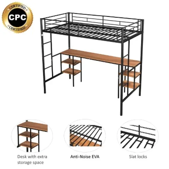 Metal Twin Size Low Loft Bed With Storage Shelf And Table, Black - ModernLuxe image {3}