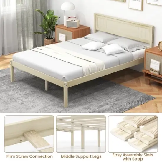 Costway Full/Queen/Twin Size Wooden Platform Bed Frame with Headboard Mattress Foundation Natural image {7}