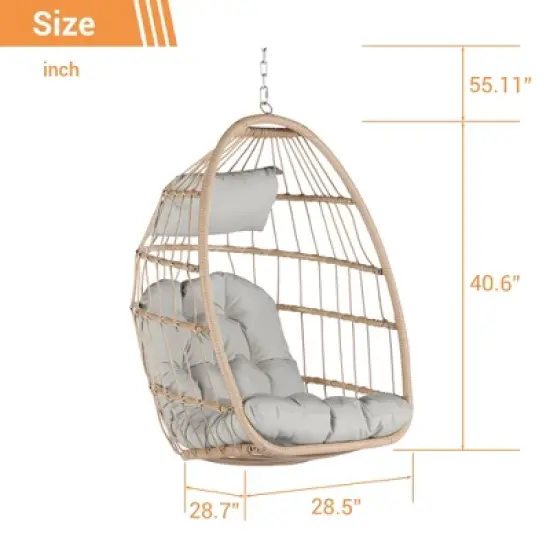 INFURNIC Patio Swings, Hammock Hanging Swinging Chair with Seat Cushion, Outdoor Swing Egg Chair for Balcony Backyard Garden, Gray, 28.5"*28.7"*55.11" image {3}