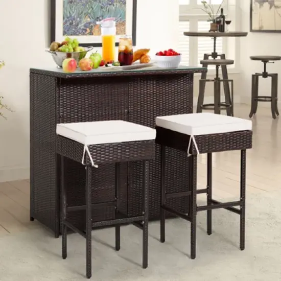 Tangkula 3PCS Patio Wicker Rattan Bar Set Table w/2 White Cushioned Stools image {8}