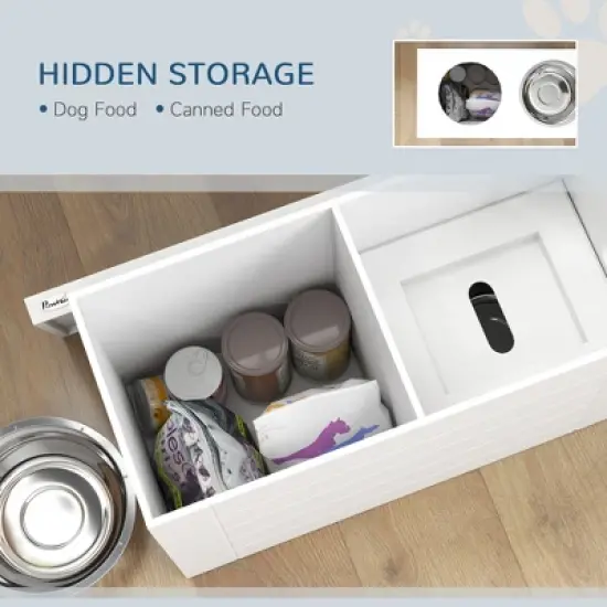 PawHut Elevated Dog Bowls, Pet Feeding Station with Slow Feeder Mat, Storage Cabinet, 3 Stainless Steel Bowls for Large & Extra Large Dogs, White image {4}