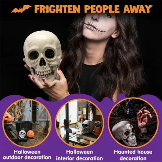Joyfy Halloween Skeleton Decorations 7.5" Plastic Skull Human Head Bone Indoor Outdoor Decor Spooky Scene Party Favors Haunted House Graveyard Props image {2}