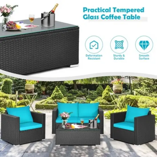 Costway 4PCS Patio Rattan Cushioned Sofa Chair Coffee Table Turquoise image {4}